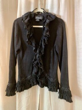 Rochelle California Black Cotton Crochet Ruffle Cardigan L